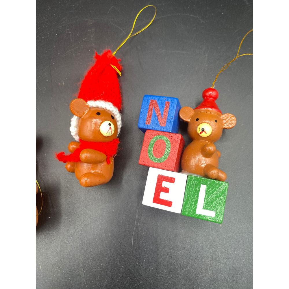 Lot of 4 Vintage Hand Painted Wooden Noel Teddy Bear Christmas Ornaments - Picture 3 of 3